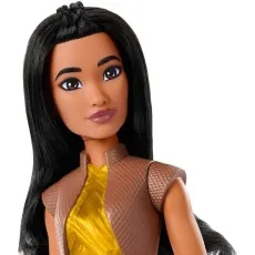 Headshot of a Disney Princess Raya doll, highlighting her hair, makeup, and clothes.