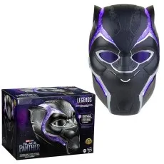 A Black Panther helmet with purple light-up accents, next to its product packaging.
