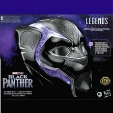 A Black Panther electronic helmet in its box, with Legends Series and Marvel Studios Black Panther logos.