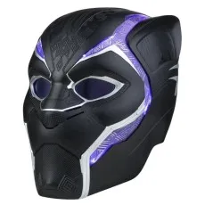 A close-up of a Black Panther mask with glowing purple accents and silver details.