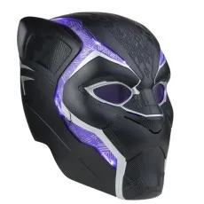 A side view of a Black Panther helmet, featuring intricate patterns and light-up purple sections.