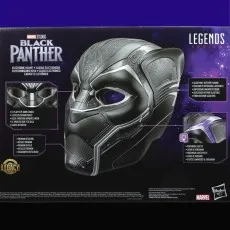 The back of a Black Panther helmet box, showing details like flip-up lenses and Vibranium light effects.