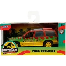 A die-cast toy Ford Explorer in a box, featuring a Jurassic Park theme