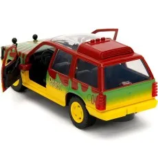 A back-angled view of a Jurassic Park toy vehicle with its rear tailgate and side doors open