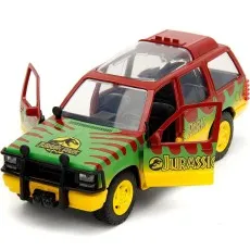 A detailed Jurassic Park toy car with its front two doors open, revealing the interior