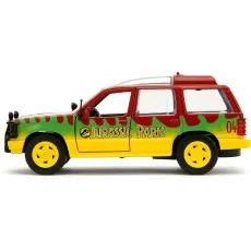 A detailed side view of a Jurassic Park Ford Explorer toy car with a yellow and green paint job