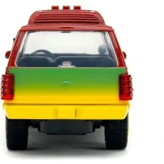 A direct rear view of a Jurassic Park toy car, showing its red and yellow tailgate