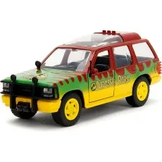 A Jurassic Park-themed toy vehicle with a green and yellow paint job