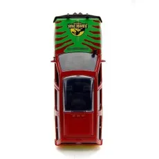 A top-down view of a Jurassic Park toy vehicle, showing the logo on its roof