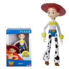 A close-up of a Jessie action figure from Toy Story, wearing her signature cowgirl outfit.