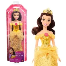A Disney Princess Belle doll, featuring her long brown hair and a rose detail on her gown.