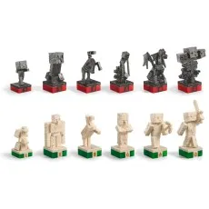 A row of Minecraft chess pieces on a white background, featuring the black and white versions of the pawn, rook, knight, bishop, queen, and king