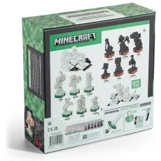 A shot of the back of the Minecraft chess set box, with a diagram of all the pieces and their names and a small product information label