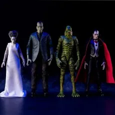 Four Universal Monsters action figures The Bride of Frankenstein, Frankenstein's monster, Creature from the Black Lagoon, and Dracula.