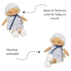 A Kaloo boy doll shown twice, with features highlighted for safety and easy cleaning.