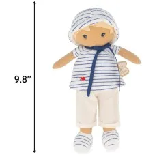 A Kaloo brand plush doll in a striped outfit, shown to be 9.8 tall.