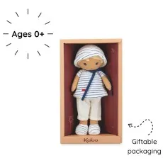 Kaloo doll in box with Ages 0+ and Giftable packaging text.