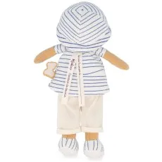 The reverse side of a Kaloo doll, revealing a branded ribbon on the back of its shirt.