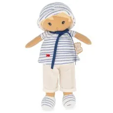 A soft doll in a white and blue striped outfit with a hood and a blue ribbon.