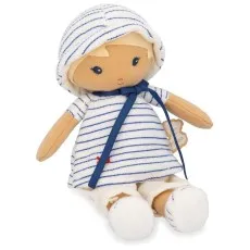 A Kaloo brand cloth doll with blonde hair, wearing a white and blue striped outfit.