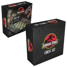 A two-angle view of the black box for the Jurassic Park chess set