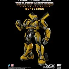 The Transformers Rise of the Beasts Bumblebee figure is shown in a dynamic heroic pose.