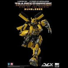 The Transformers Rise of the Beasts Bumblebee figure is shown in a dynamic running pose.