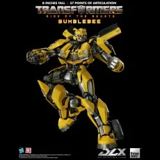 The Transformers Rise of the Beasts Bumblebee figure is shown in a mid-air leaping pose.