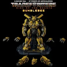 The Transformers Rise of the Beasts Bumblebee figure on a display stand with all its accessories.