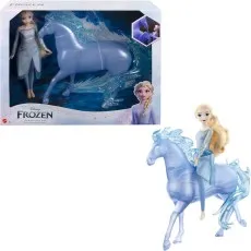 A photo of the Frozen 2 Elsa doll and the Nokk water spirit horse, in and out of the box