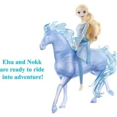 A blonde Elsa doll riding on a translucent blue horse. The text says Elsa and Nokk are ready to ride into adventure