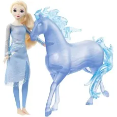 A full-body photo of the Elsa doll with a light blue dress standing next to a blue translucent horse
