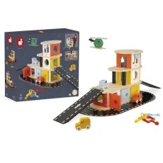 A Janod play set featuring a garage, a helicopter, and cars, shown next to its box.