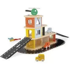 A colorful Janod brand toy garage with a helipad, a ramp, and small wooden cars.