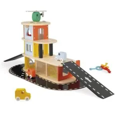 A wooden garage toy from the Janod brand, with a helicopter, cars, and a ramp.