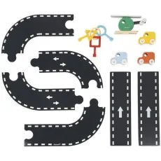 The components of a Janod wooden garage toy, including road pieces, vehicles, and keys.