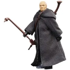 The Star Wars Boba Fett action figure from the Dune Sea stands holding a gaffi stick on a white background.