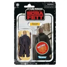 The Star Wars The Book of Boba Fett action figure of Boba Fett is shown in its retro-style packaging.