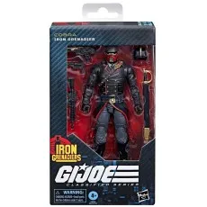 A Cobra Iron Grenadier G.I. Joe action figure in its box with weapons and a helmet