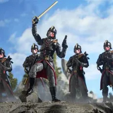 A posed diorama with five Cobra Iron Grenadier figures in tactical formation, with the lead figure holding a sword and pistol
