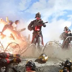 A posed diorama with multiple Cobra Iron Grenadier figures in a battle scene with explosions