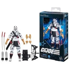 A photo of a G.I. Joe Storm Shadow action figure in and out of the box, with all accessories displayed