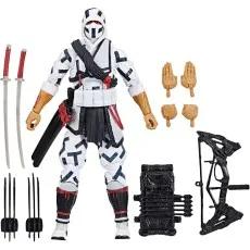 A detailed shot of the Storm Shadow action figure with all his ninja accessories