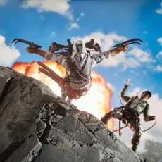 A posed diorama with a flying Storm Shadow figure dual-wielding handguns with an explosion behind him