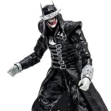 A close-up of The Batman Who Laughs action figure, showing its spiked visor and manic grin.