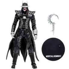 A collectible figure of The Batman Who Laughs, showing all its accessories laid out.