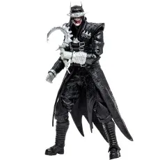 An action figure of The Batman Who Laughs, dressed in a black trench coat and spiked visor.