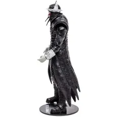 Side profile of The Batman Who Laughs action figure on a black display stand.