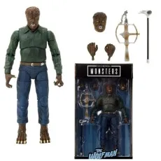 An action figure of the Universal Monsters Wolfman, with alternate head, hands, and accessories.