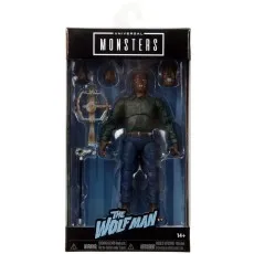 The Universal Monsters Wolfman action figure in its box, with accessories visible.